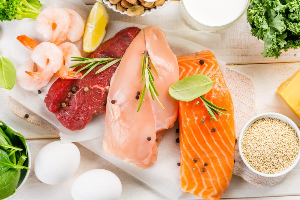 Selection of animal and plant protein sources on wood background Selection of animal and plant protein sources on wood background